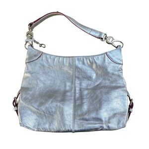 Dooney & Bourke Shoulder Bag Womens Silver Metallic Leather‎ Hobo Red Trim Purse
